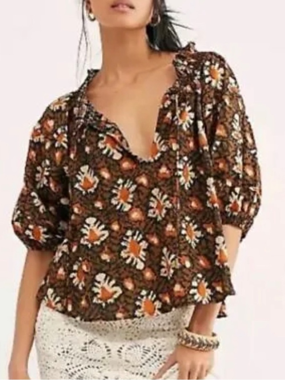 Free People Willow Floral Boho Peasant Top Rust Brown Cotton